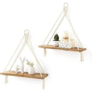 Mkono Macrame Hanging Shelves Set Boho Wood Wall Decor Floating Storage
